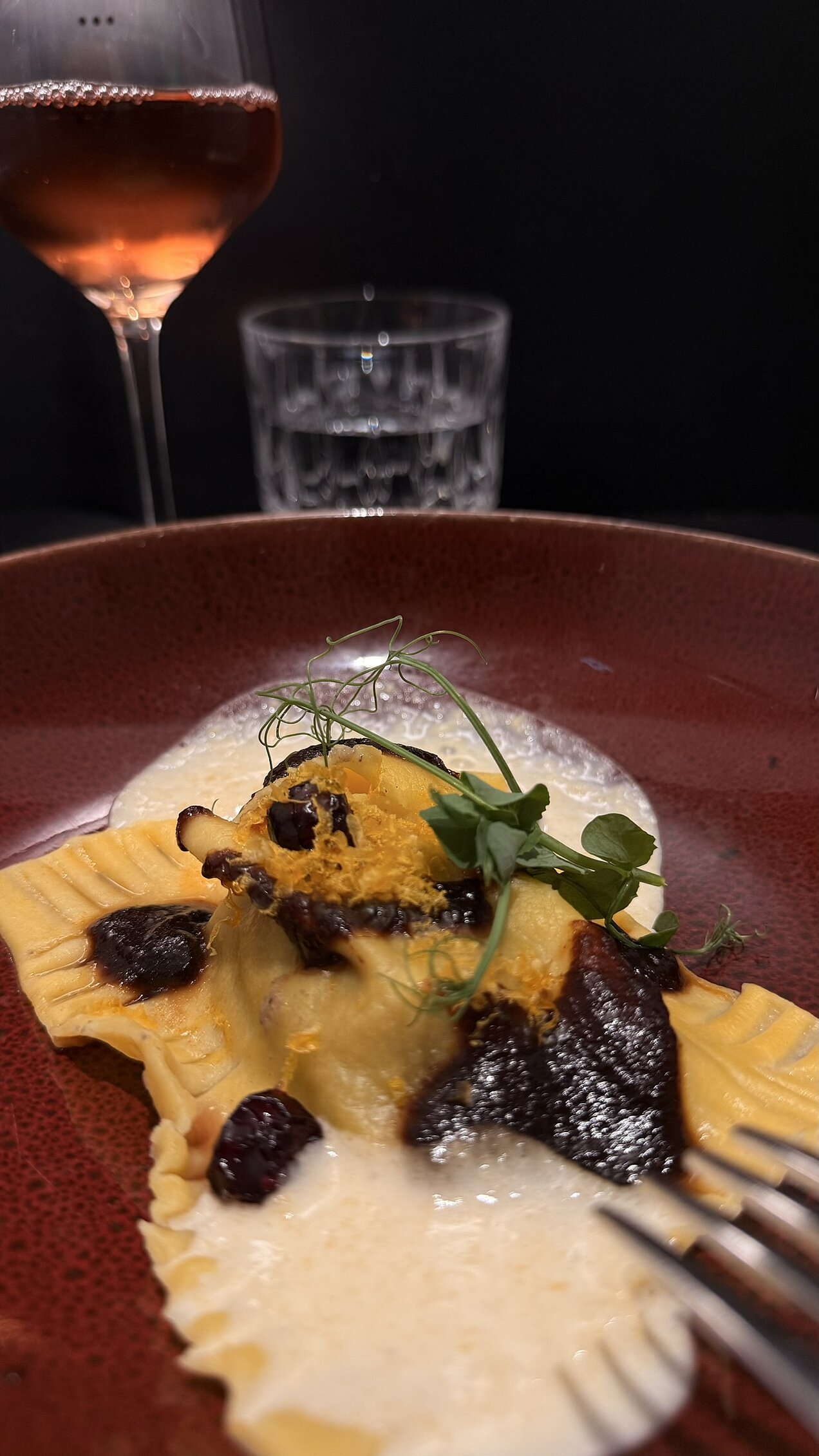 Ravioli mit Pilzleber und Gemüse-Jus Hausgemachte Ravioli mit Pilzleber, serviert mit stark reduzierter Gemüse-Jus, Cranberrys, Parmesanschaum und gebeiztem Eigelb.