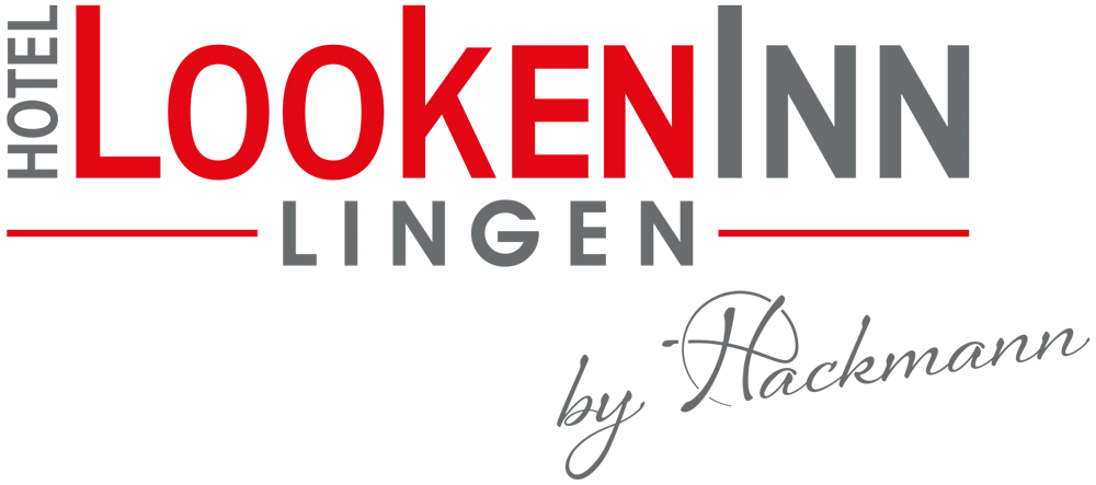 LOOKEN INN Lingen by Hackmann – Hotellogo Logo des LOOKEN INN Lingen by Hackmann Hotels in Rot, Grau und Schwarz.