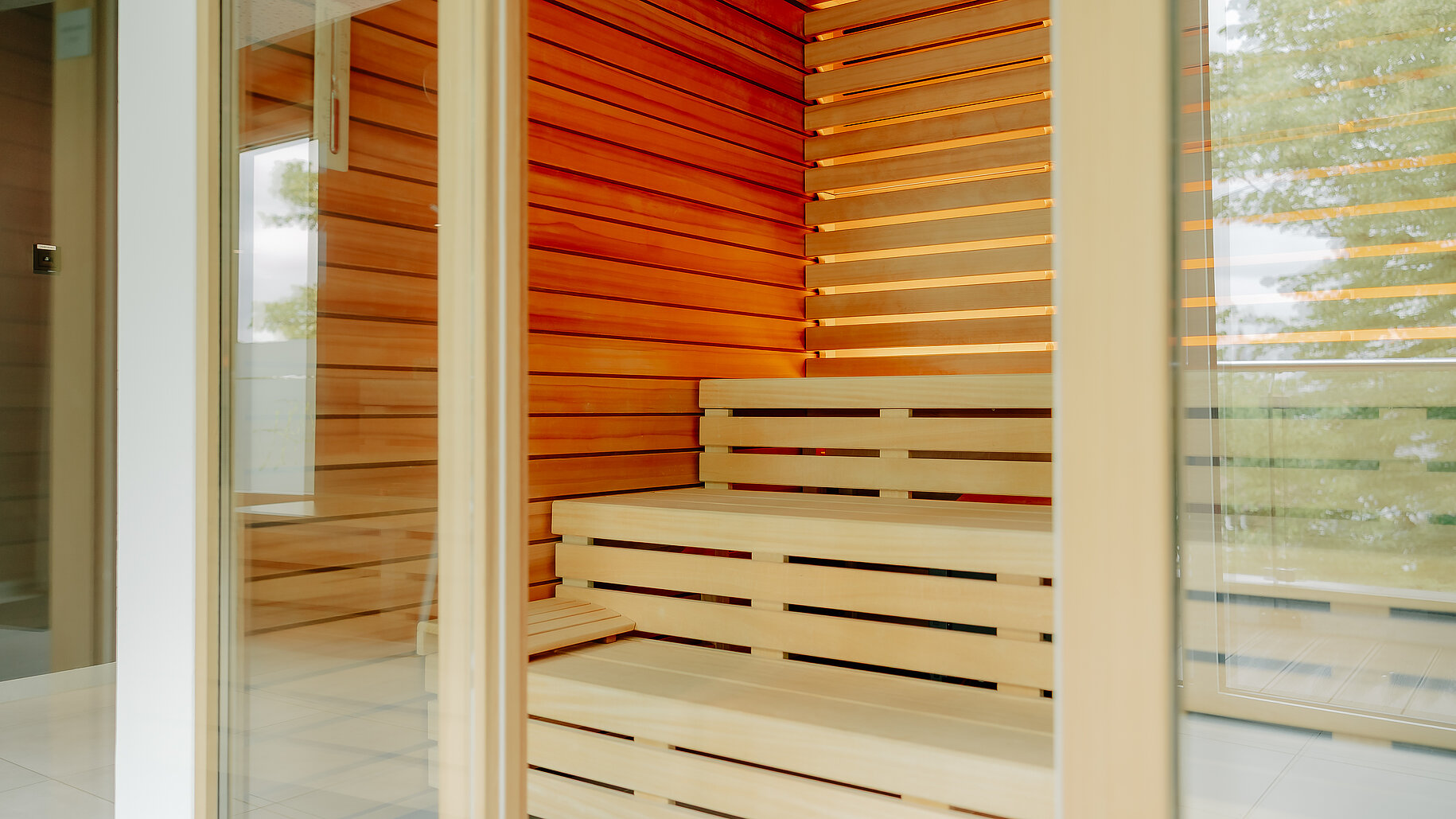 Moderne Sauna mit Glasfront im VIA PLAZA Meppen Blick durch die Tür in eine Sauna mit klarer Holzstruktur