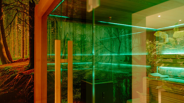 Finnische Sauna – Wellness im Stadthotel Borken Finnische Sauna mit Naturmotiv im Wellnessbereich des Stadthotel Borken by Hackmann